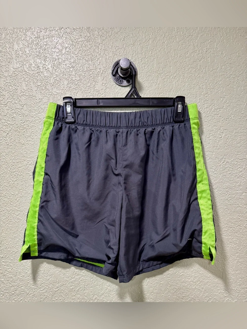 Nike Black Athletic Shorts with Neon Green Side Stripes Size Small